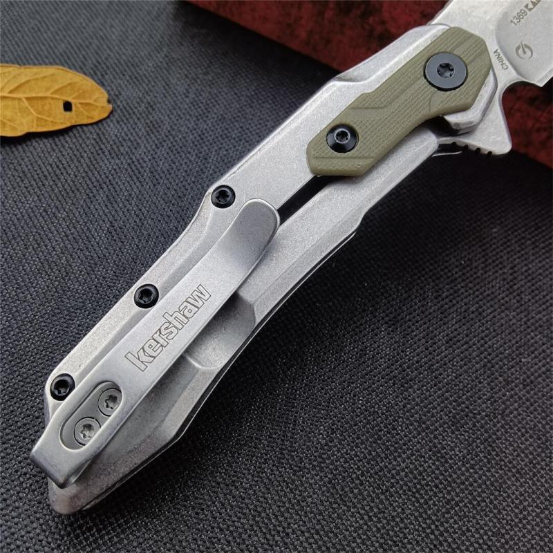 Kershaw Starter Series 1369 Salvage Assisted Flipper Knife 2.9" Stonewashed Clip Point Blade, Stainless Steel Handles with Olive GFN Overlays