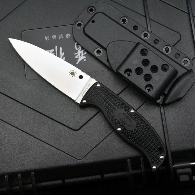 Spy Enuff 2 Fixed Blade Knife 3.74" VG10 Leaf Shaped Plain Blade, FRN Handles, Polymer Sheath - FB31PBK2