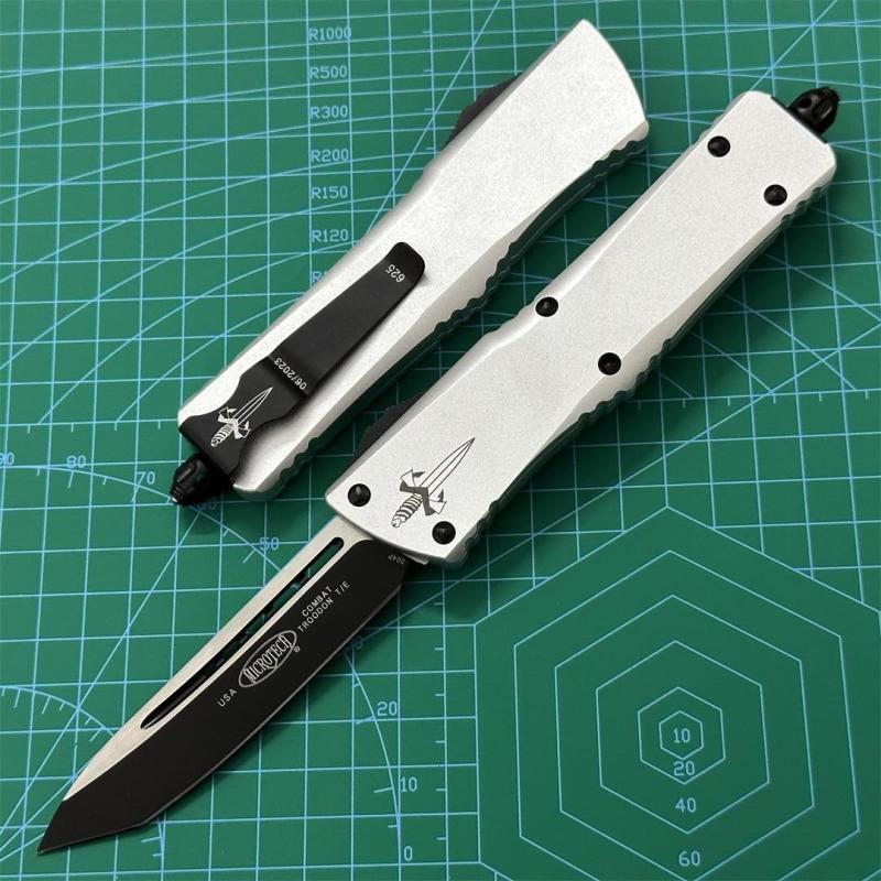 Microtech Troodon AUTO OTF Knife 3.74" M390 Satin Double Edge Dagger Blade, Aviation Aluminum Handles