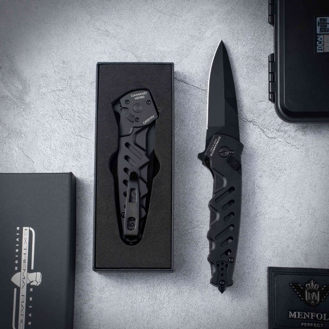 Extrema Ratio CAIMANO NERO Folding Knife 3.54" D2 Drop Point Blade, Aluminum Alloy Handles