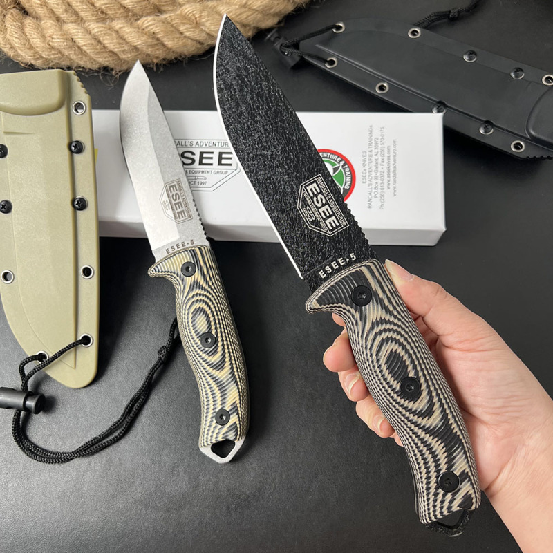 ESEE Knives ESEE-5P 5.28'' 1095 Steel Plain Edge, 3D Machined Gray/Black G10 Handles, Clip Plate