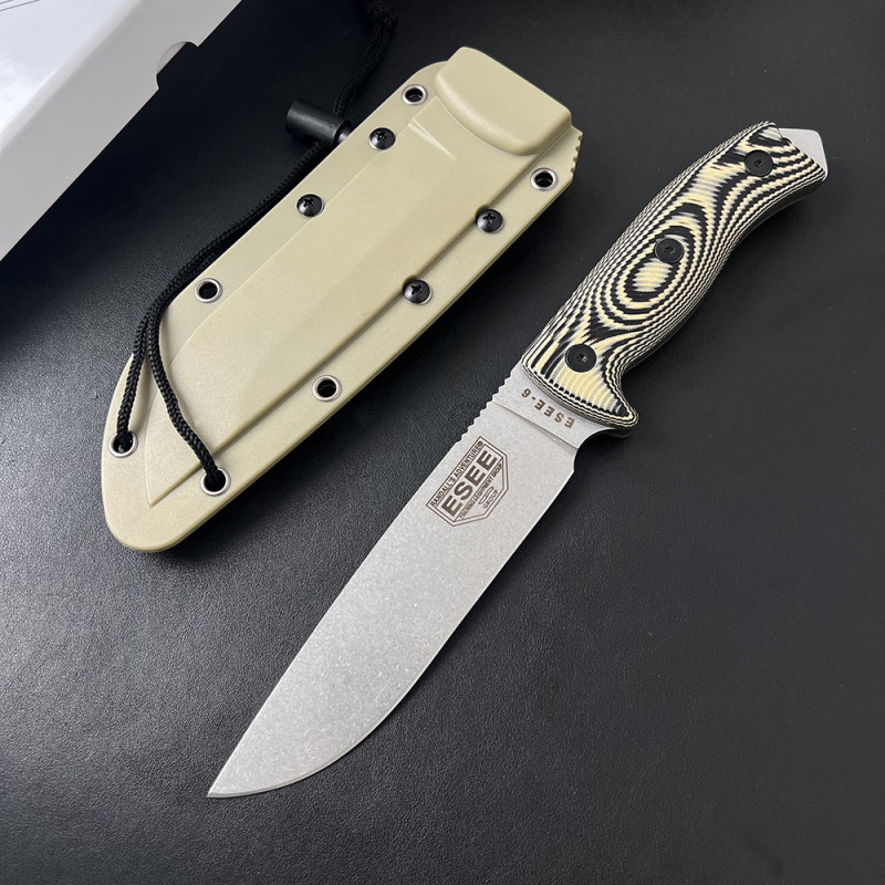 ESEE Knives ESEE-6P 6.3'' 1095 Steel Plain Edge, 3D Machined G10 Handles, Clip Plate