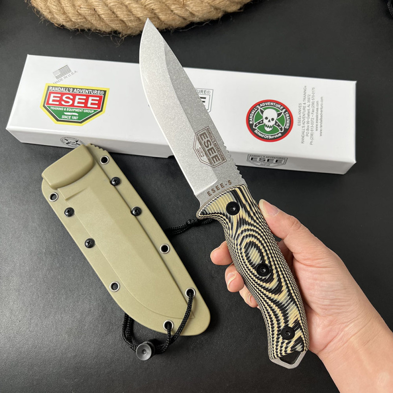 ESEE Knives ESEE-5P 5.28'' 1095 Steel Plain Edge, 3D Machined Gray/Black G10 Handles, Clip Plate