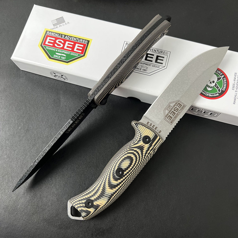 ESEE Knives ESEE-5P 5.28'' 1095 Steel Plain Edge, 3D Machined Gray/Black G10 Handles, Clip Plate