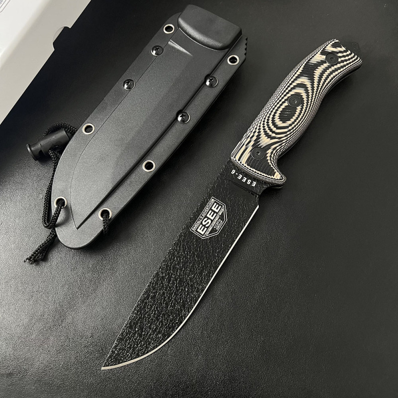 ESEE Knives ESEE-6P 6.3'' 1095 Steel Plain Edge, 3D Machined G10 Handles, Clip Plate