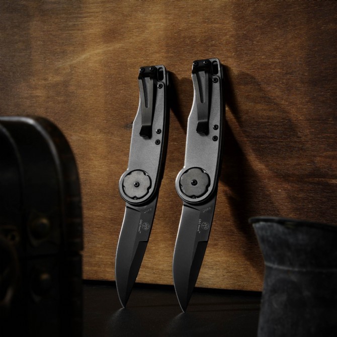 Mantis Hawk Designs Gearhead Folding Knife 2.76" Drop Point Plain Blade, Gray Aluminum Handles