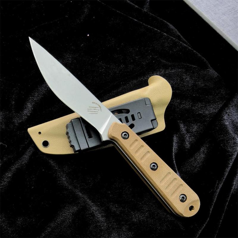 Bastinelli Silence Slim Fixed Blade Knife 4.75" N690Co Black Stonewashed Plain Blade, Green Canvas Micarta Handles, Kydex Sheath - BC-22