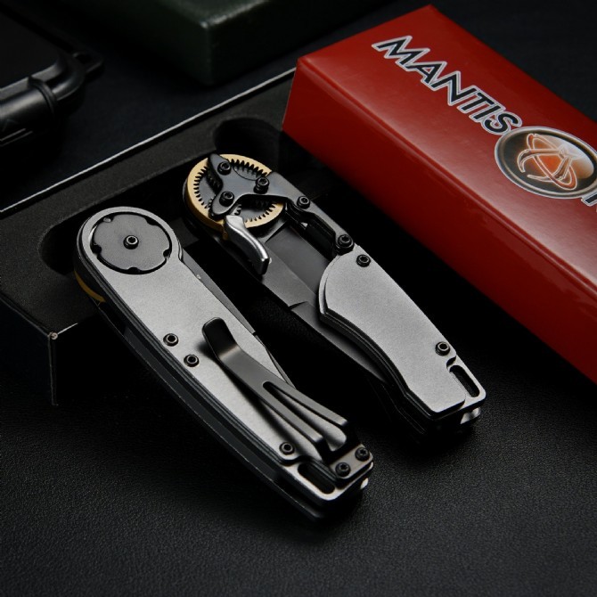 Mantis Hawk Designs Gearhead Folding Knife 2.76" Drop Point Plain Blade, Gray Aluminum Handles