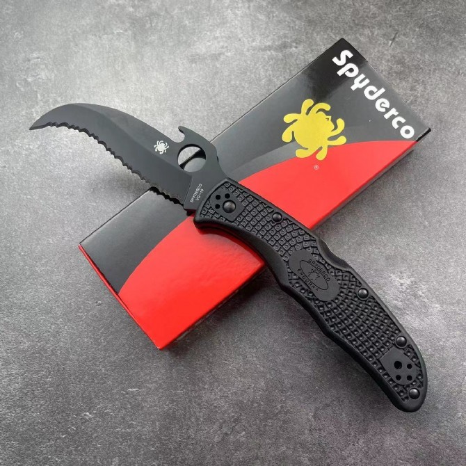 Spyderco C12 Emerson Opener Folding Knife 3.62" VG10 Serrated Blade with Wave, Black FRN Handles, Lockback - C12SBK