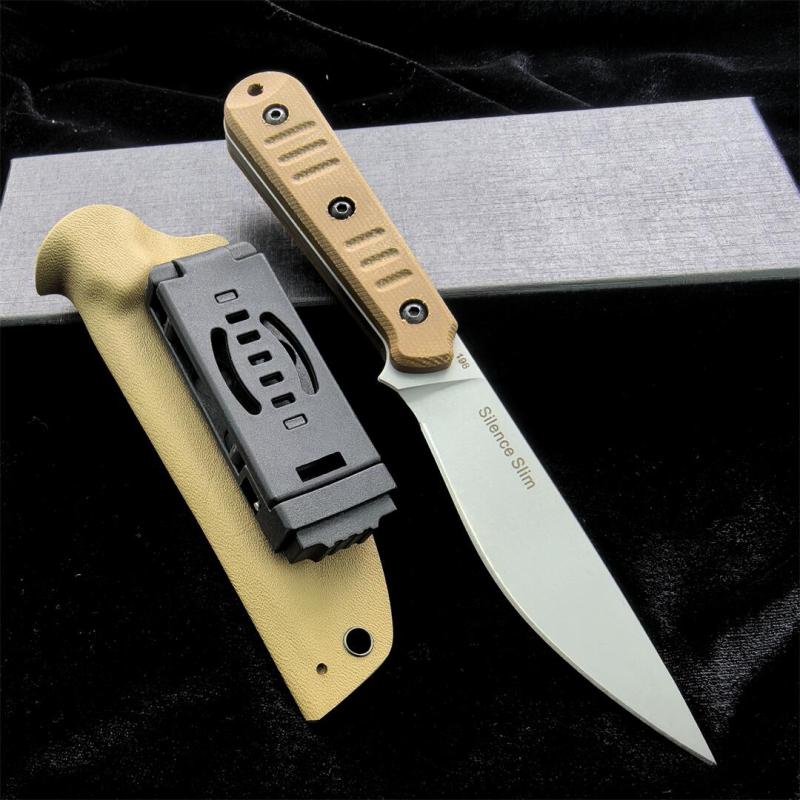 Bastinelli Silence Slim Fixed Blade Knife 4.75" N690Co Black Stonewashed Plain Blade, Green Canvas Micarta Handles, Kydex Sheath - BC-22