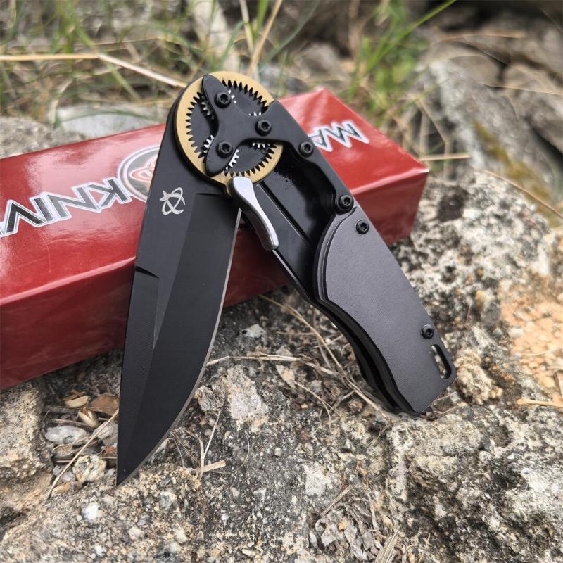 Mantis Hawk Designs Gearhead Folding Knife 2.76" Drop Point Plain Blade, Gray Aluminum Handles