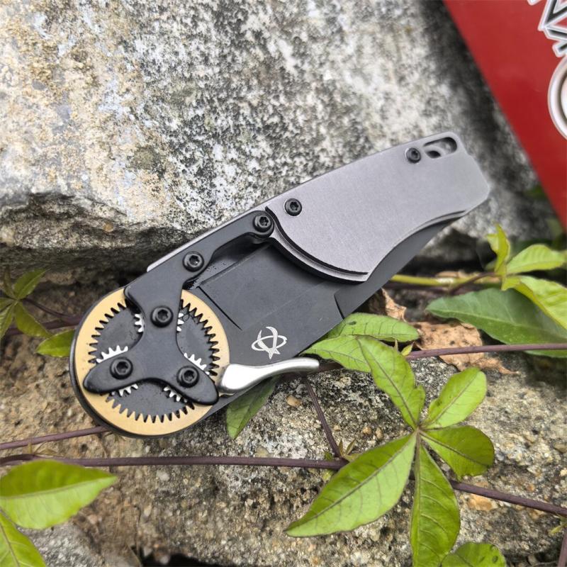 Mantis Hawk Designs Gearhead Folding Knife 2.76" Drop Point Plain Blade, Gray Aluminum Handles