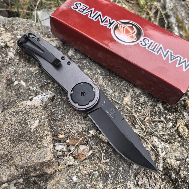 Mantis Hawk Designs Gearhead Folding Knife 2.76" Drop Point Plain Blade, Gray Aluminum Handles