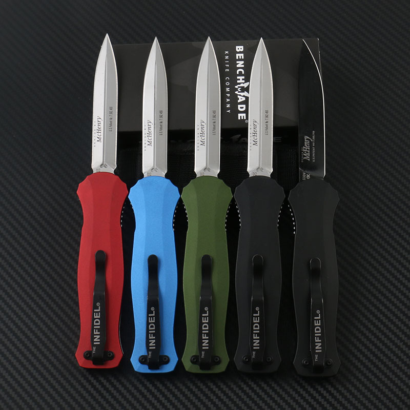 Benchmade 3300BK Infidel Dagger AUTO OTF Knife 3.85" D2 Black Double Edge Blade, Aviation Aluminum Handles