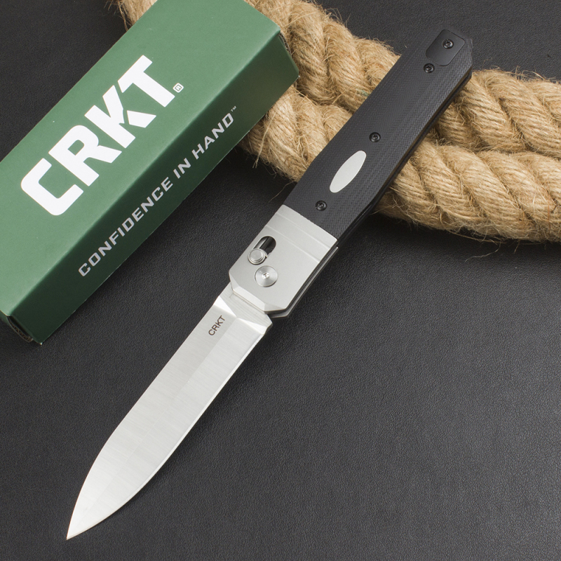 CRKT K560KXP Crossbar Lock Folding Knife 3.86" CPM-MagnaCut Stonewashed Spear Point Blade, Black G10 Handles with Steel Bolsters