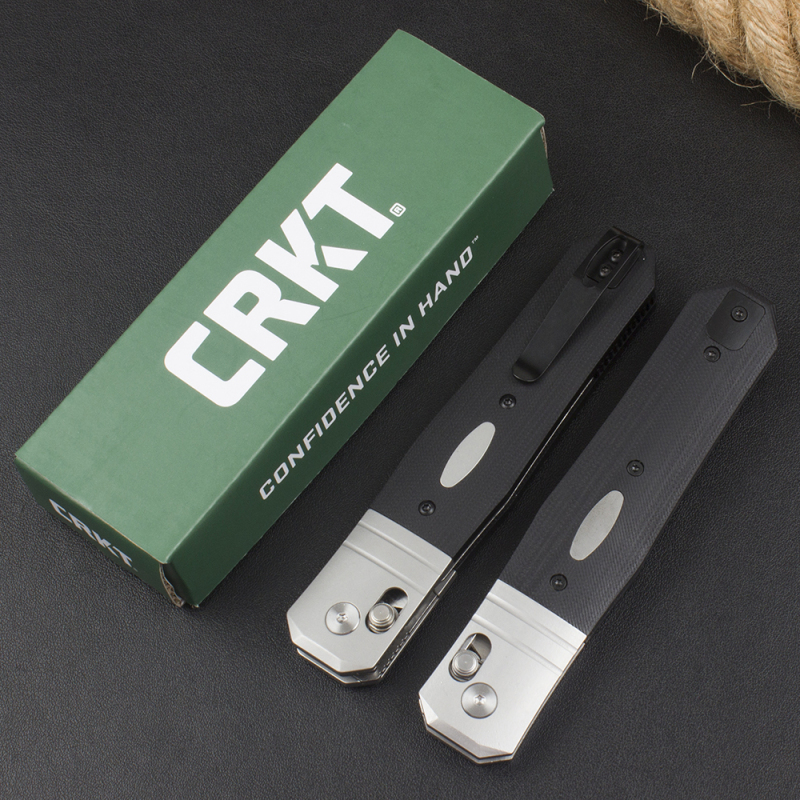 CRKT K560KXP Crossbar Lock Folding Knife 3.86" CPM-MagnaCut Stonewashed Spear Point Blade, Black G10 Handles with Steel Bolsters