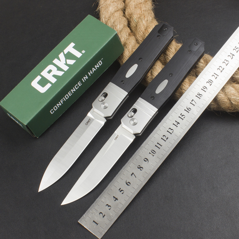 CRKT K560KXP Crossbar Lock Folding Knife 3.86" CPM-MagnaCut Stonewashed Spear Point Blade, Black G10 Handles with Steel Bolsters