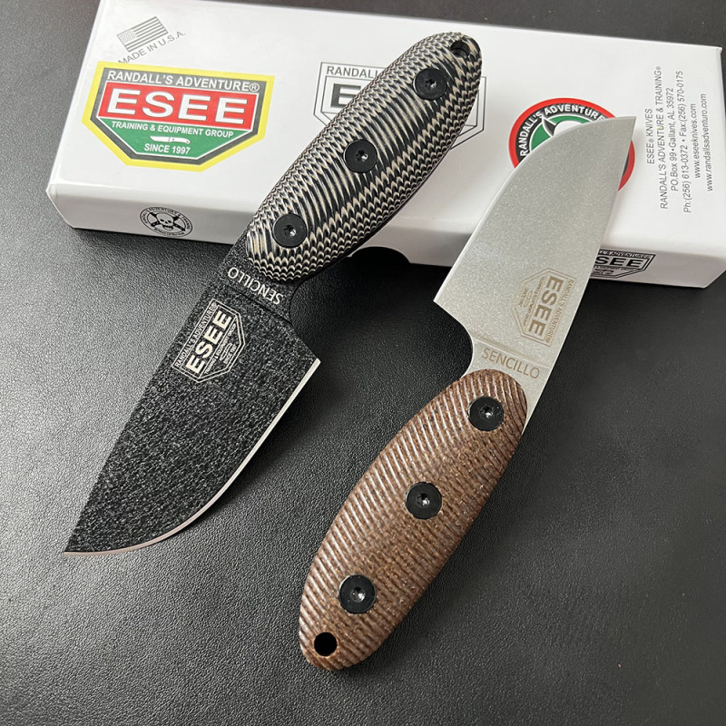 ESEE Knives Sencillo Fixed Blade Knife 3.54" 1095 Steel Drop Point Blade, 3D Machined Micarta Handles