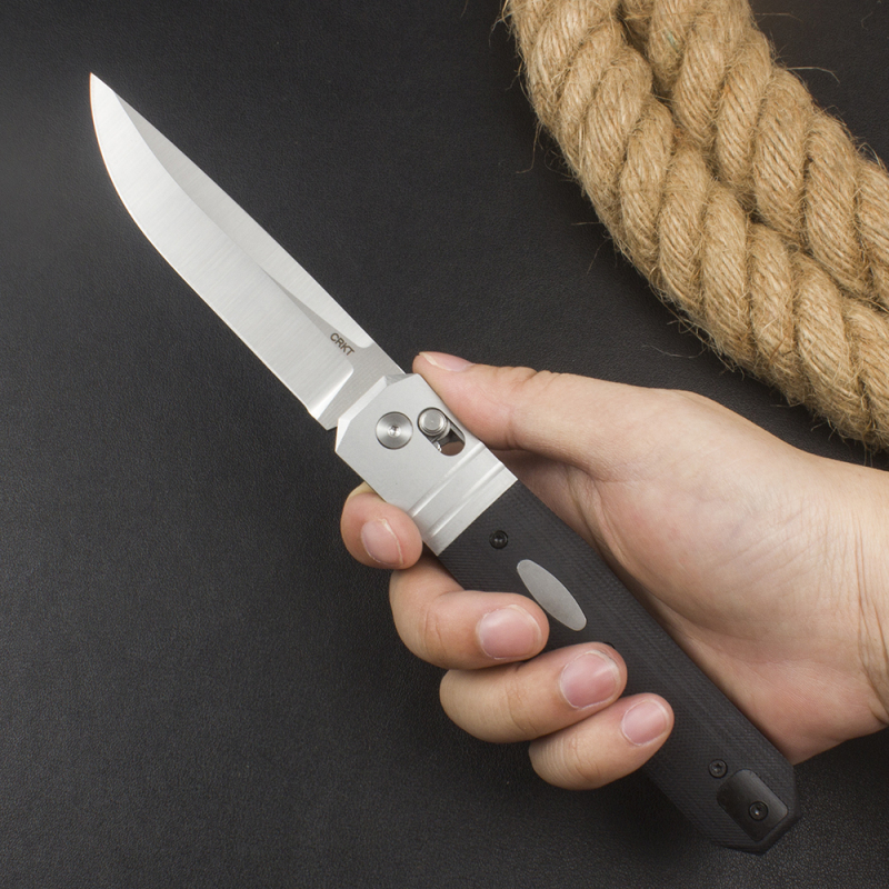 CRKT K560KXP Crossbar Lock Folding Knife 3.86" CPM-MagnaCut Stonewashed Spear Point Blade, Black G10 Handles with Steel Bolsters