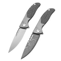 Shirogorov F95 KC Edition Flipper Knife 3.82" D2/Damascus Point Blade, Carbon Fiber Handles