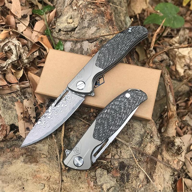 Shirogorov F95 KC Edition Flipper Knife 3.82" D2/Damascus Point Blade, Carbon Fiber Handles