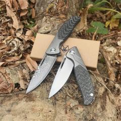 Shirogorov F95 KC Edition Flipper Knife 3.82" D2/Damascus Point Blade, Carbon Fiber Handles