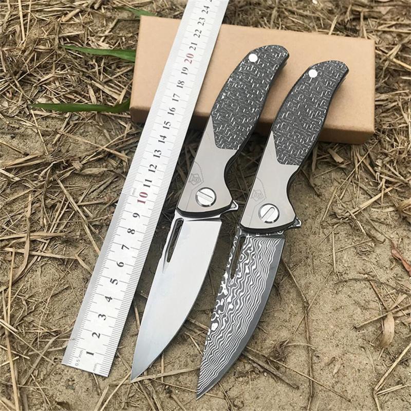 Shirogorov F95 KC Edition Flipper Knife 3.82" D2/Damascus Point Blade, Carbon Fiber Handles