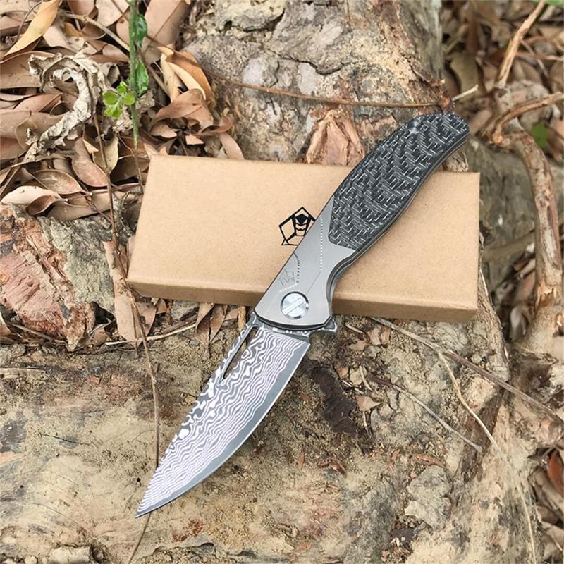 Shirogorov F95 KC Edition Flipper Knife 3.82" D2/Damascus Point Blade, Carbon Fiber Handles