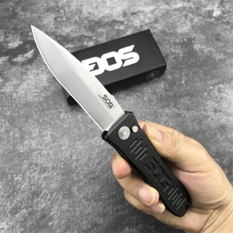 SOG Fielder Auto Folding Knife 3.15" D2 Satin Blade, Black Aluminum alloy Handles