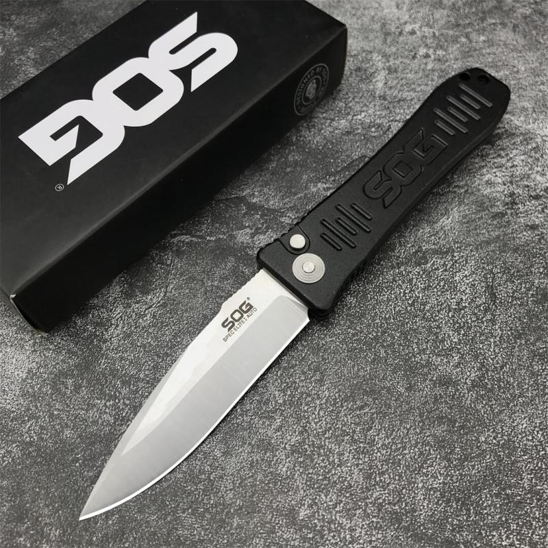 SOG Fielder Auto Folding Knife 3.15" D2 Satin Blade, Black Aluminum alloy Handles