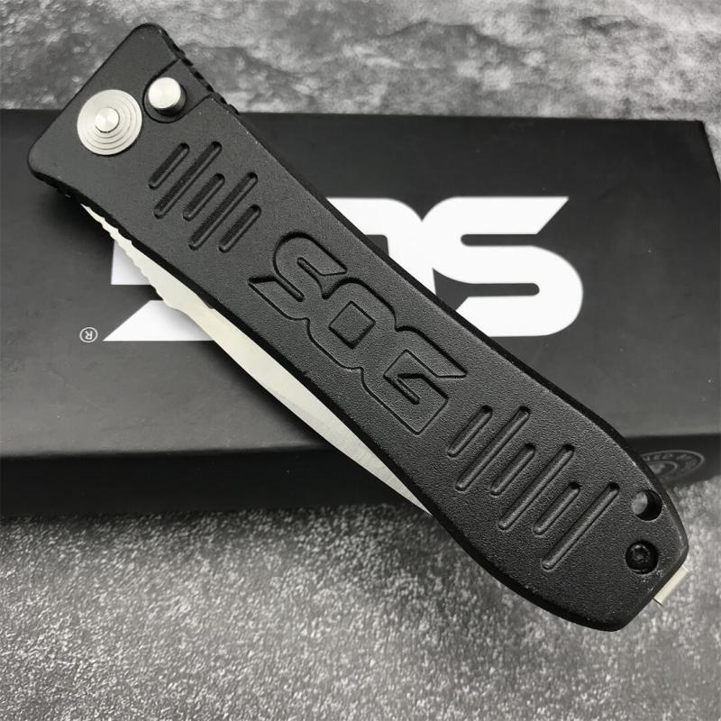 SOG Fielder Auto Folding Knife 3.15" D2 Satin Blade, Black Aluminum alloy Handles