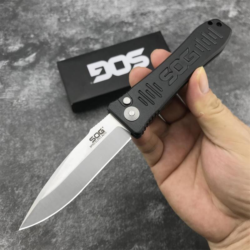 SOG Fielder Auto Folding Knife 3.15" D2 Satin Blade, Black Aluminum alloy Handles