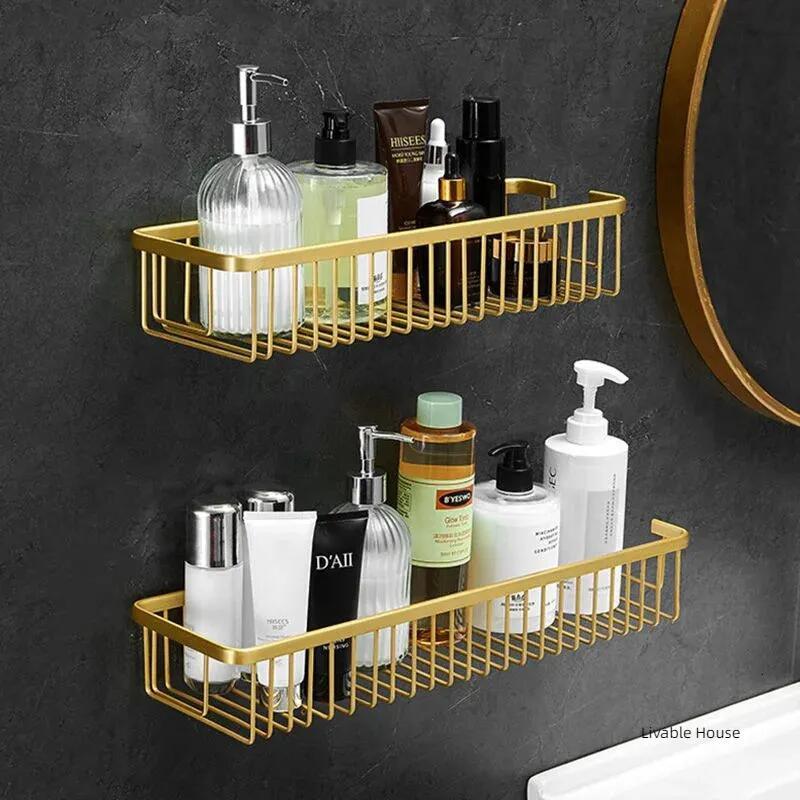Bathroom Shelves Wall Mounted Bathroom Shelf Shampoo Cosmetic Storage Rack Brushed Gold Storage Organizer Rack Soap Cosmetic Shelf Household Item