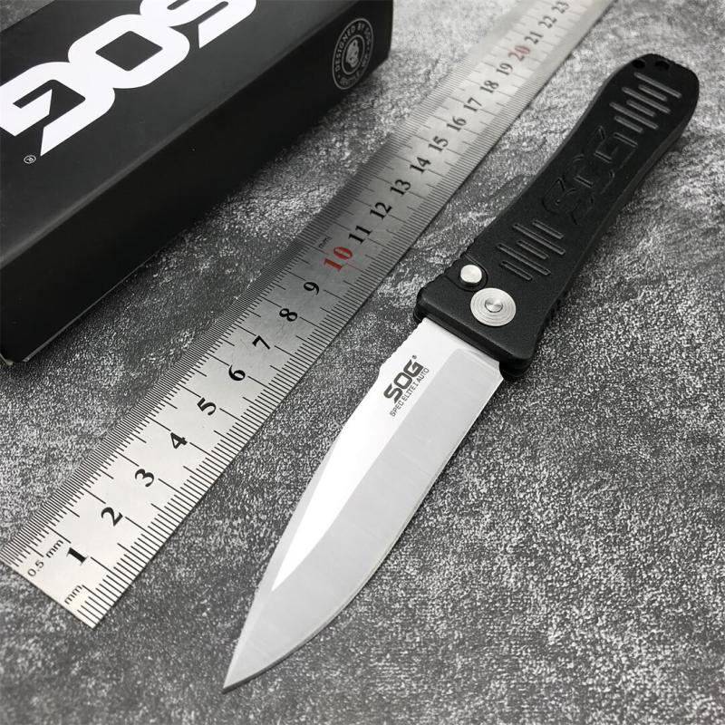 SOG Fielder Auto Folding Knife 3.15" D2 Satin Blade, Black Aluminum alloy Handles