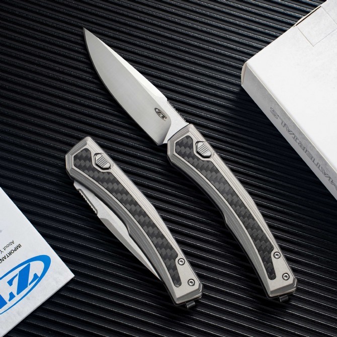 ZT 0556 AUTO Folding Knife 3.35" CPM-MagnaCut Two-Tone Drop Point Blade, Titanium Handles with Carbon Fiber Inlays