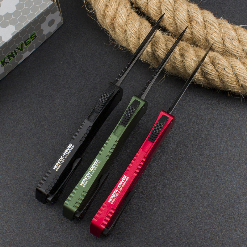 Heretic Knives Manticore OTF AUTO 3.15" D2 Black Blade, Aviation Aluminum Handles