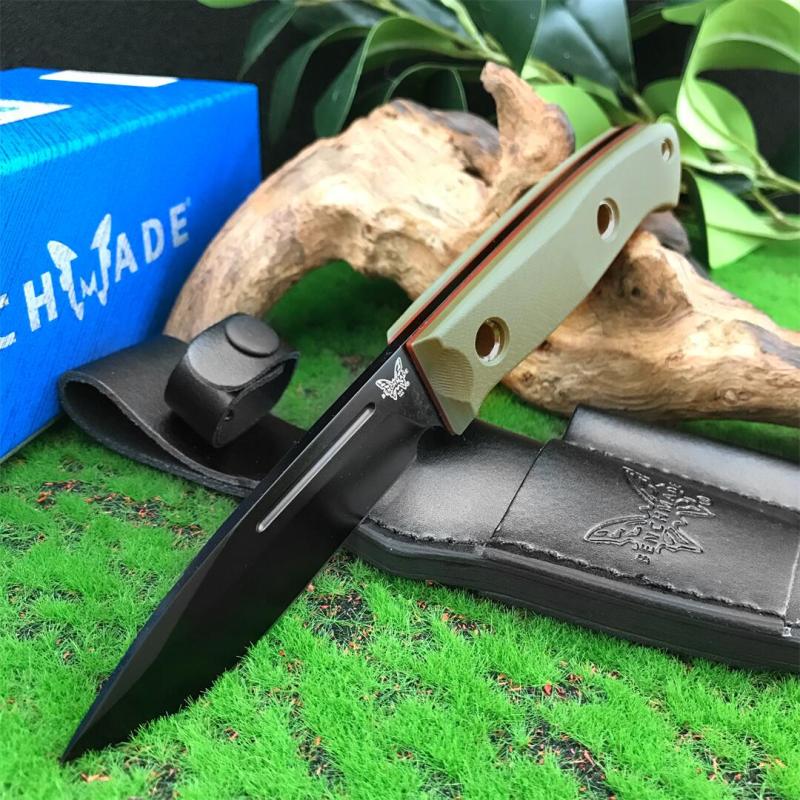 Benchmade Bushcrafter Fixed Blade Knife 4.33" CPM-D2 Satin Drop Point Blade, Green G10 Handles Leather Sheath - A163