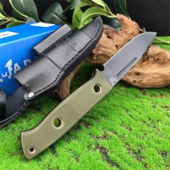 Benchmade Bushcrafter Fixed Blade Knife 4.33" CPM-D2 Satin Drop Point Blade, Green G10 Handles Leather Sheath - A163