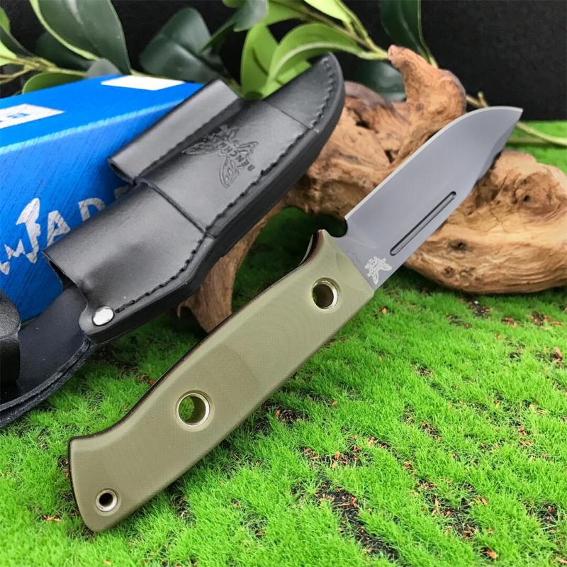Benchmade Bushcrafter Fixed Blade Knife 4.33" CPM-D2 Satin Drop Point Blade, Green G10 Handles Leather Sheath - A163