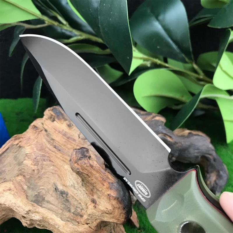 Benchmade Bushcrafter Fixed Blade Knife 4.33" CPM-D2 Satin Drop Point Blade, Green G10 Handles Leather Sheath - A163