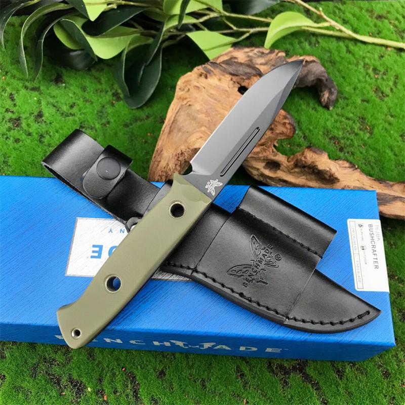 Benchmade Bushcrafter Fixed Blade Knife 4.33" CPM-D2 Satin Drop Point Blade, Green G10 Handles Leather Sheath - A163