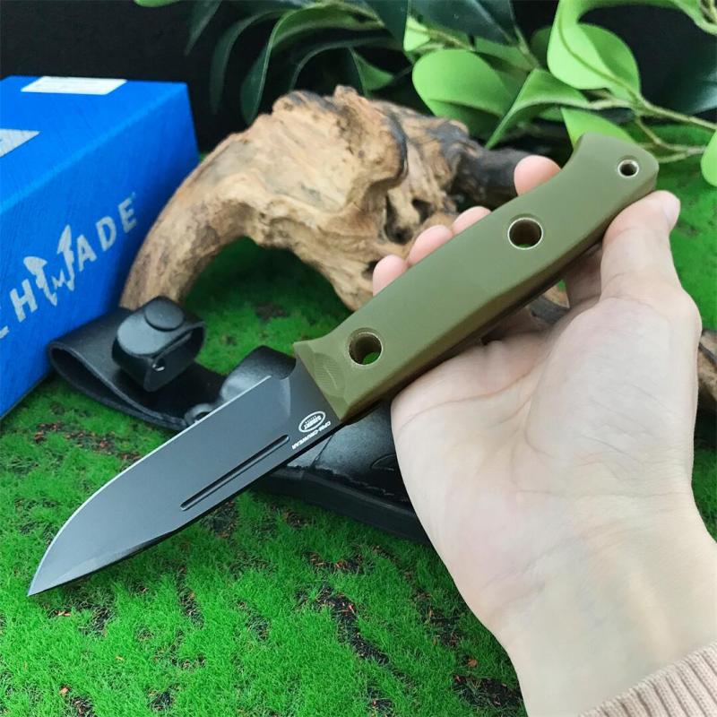 Benchmade Bushcrafter Fixed Blade Knife 4.33" CPM-D2 Satin Drop Point Blade, Green G10 Handles Leather Sheath - A163
