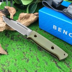 Benchmade Bushcrafter Fixed Blade Knife 4.33" CPM-D2 Satin Drop Point Blade, Green G10 Handles Leather Sheath - A163