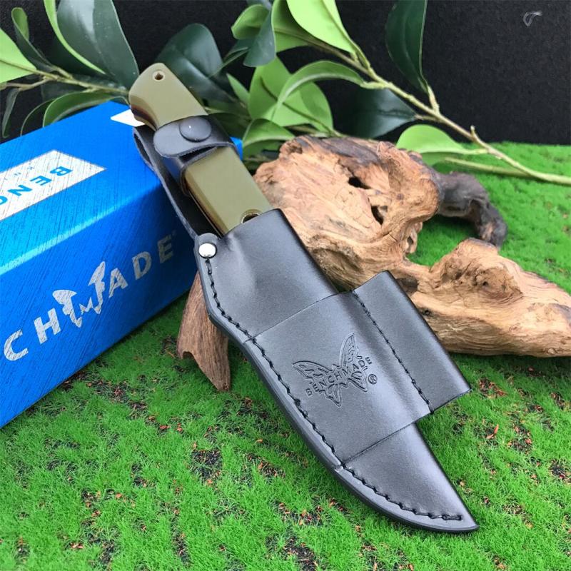 Benchmade Bushcrafter Fixed Blade Knife 4.33" CPM-D2 Satin Drop Point Blade, Green G10 Handles Leather Sheath - A163