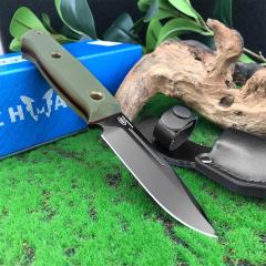Benchmade Bushcrafter Fixed Blade Knife 4.33" CPM-D2 Satin Drop Point Blade, Green G10 Handles Leather Sheath - A163
