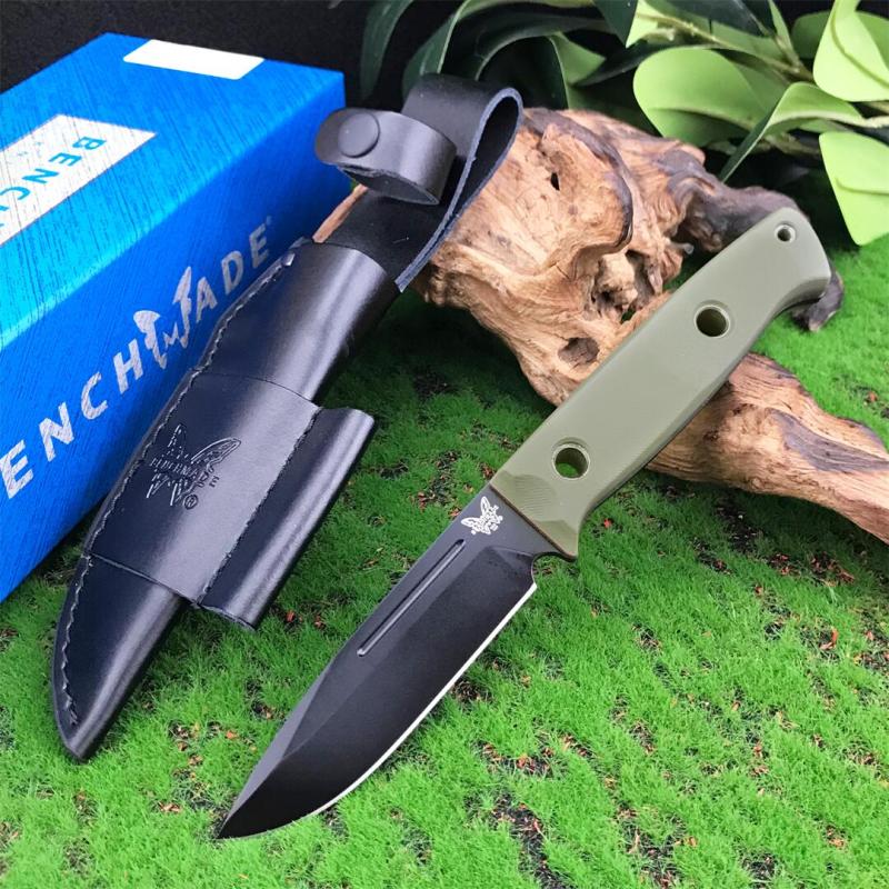 Benchmade Bushcrafter Fixed Blade Knife 4.33" CPM-D2 Satin Drop Point Blade, Green G10 Handles Leather Sheath - A163