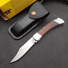 BK 110 Folding Hunter 3.35" 440c Blade, Ebony Wood Handles, Lockback, Leather Sheath