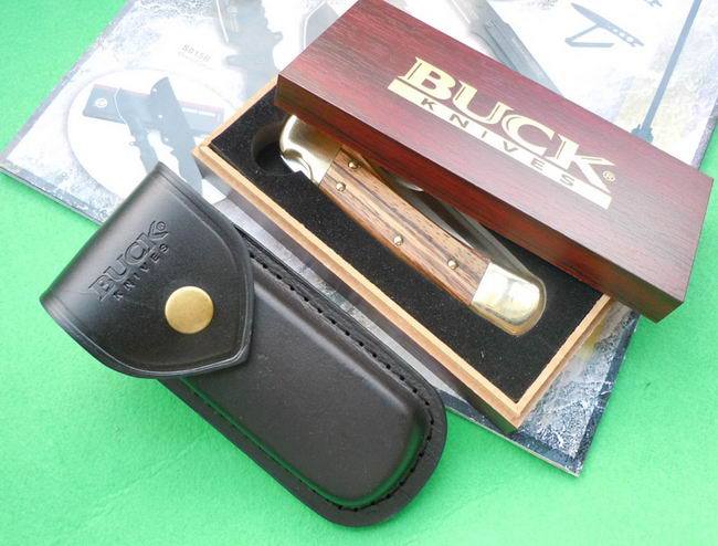 Buck 110 Folding Hunter 3.74" 440c Blade, Ebony Wood Handles, Lockback, Leather Sheath