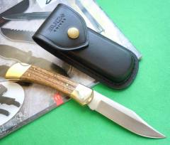 Buck 110 Folding Hunter 3.74" 440c Blade, Ebony Wood Handles, Lockback, Leather Sheath
