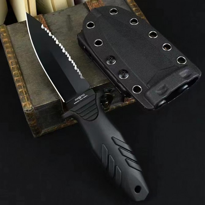 FX-647 S Elementum Fixed Knife 3.9" N690 Black Double Edged Blade, Black TPE Handles, Kydex Sheath